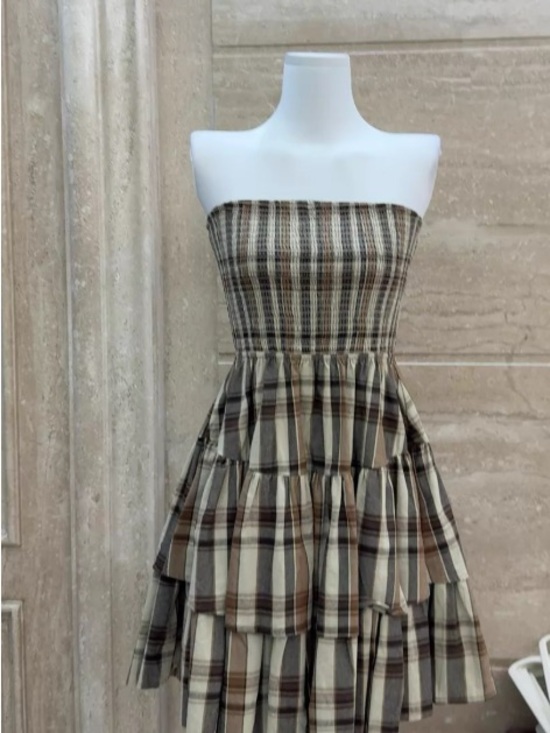 Dresses & Skirts - Smocked Strapless Plaid Tiered Dress - Beige & Brown